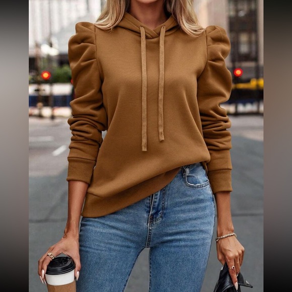 Cozy gigot sleeve drawstring hoodie apricot - Picture 8 of 16